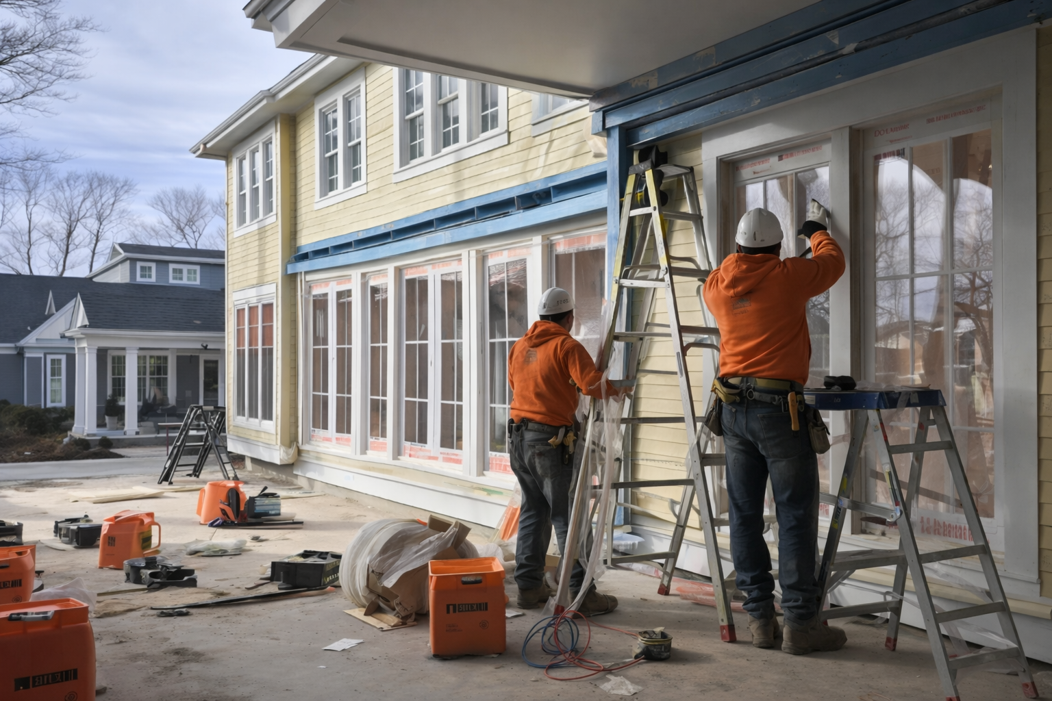 Construction workers installing windows on a house exterior using ladders and tools